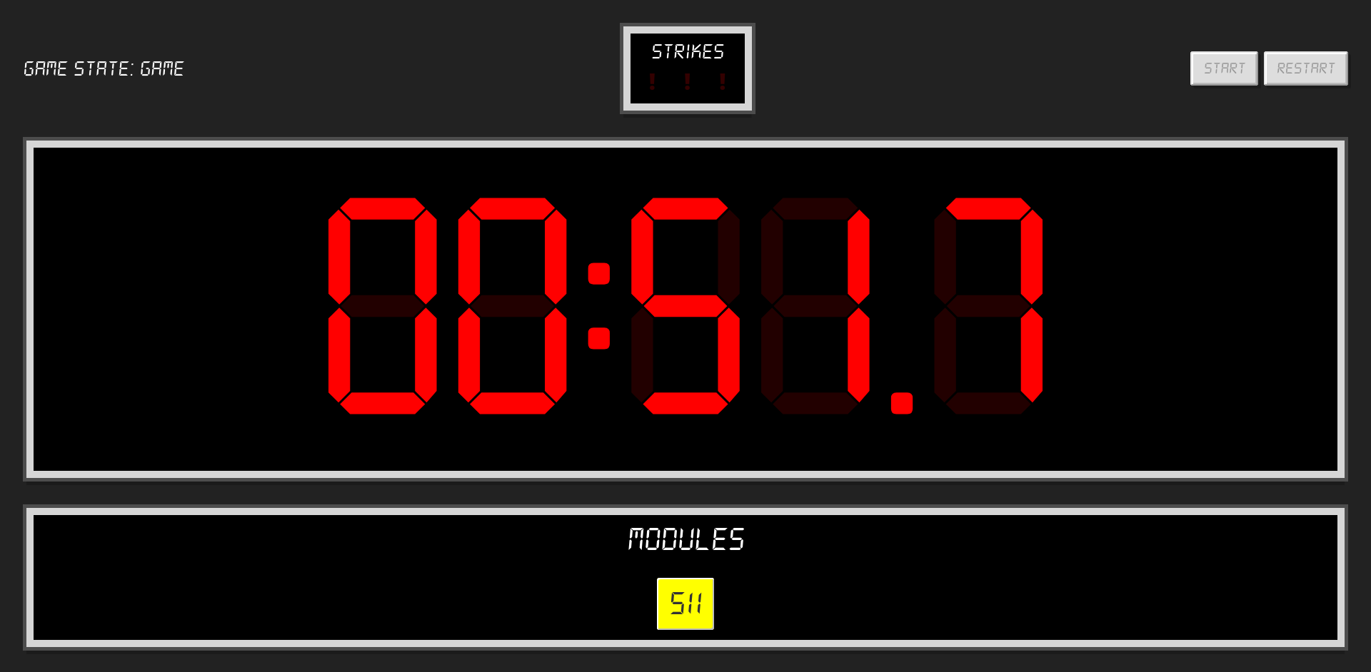 A screenshot of the OBUS controller web page, showing a countdown timer, a list of connected modules and the strikes