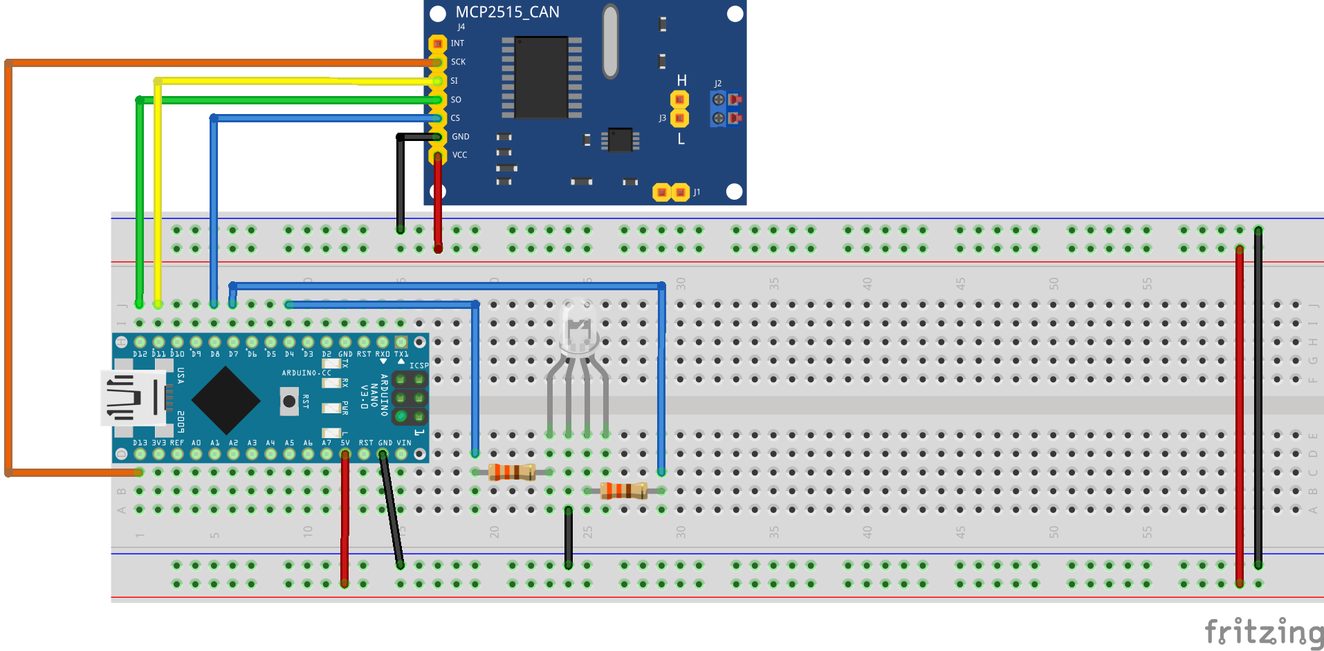 Breadboard with Arduino Nano and CAN module