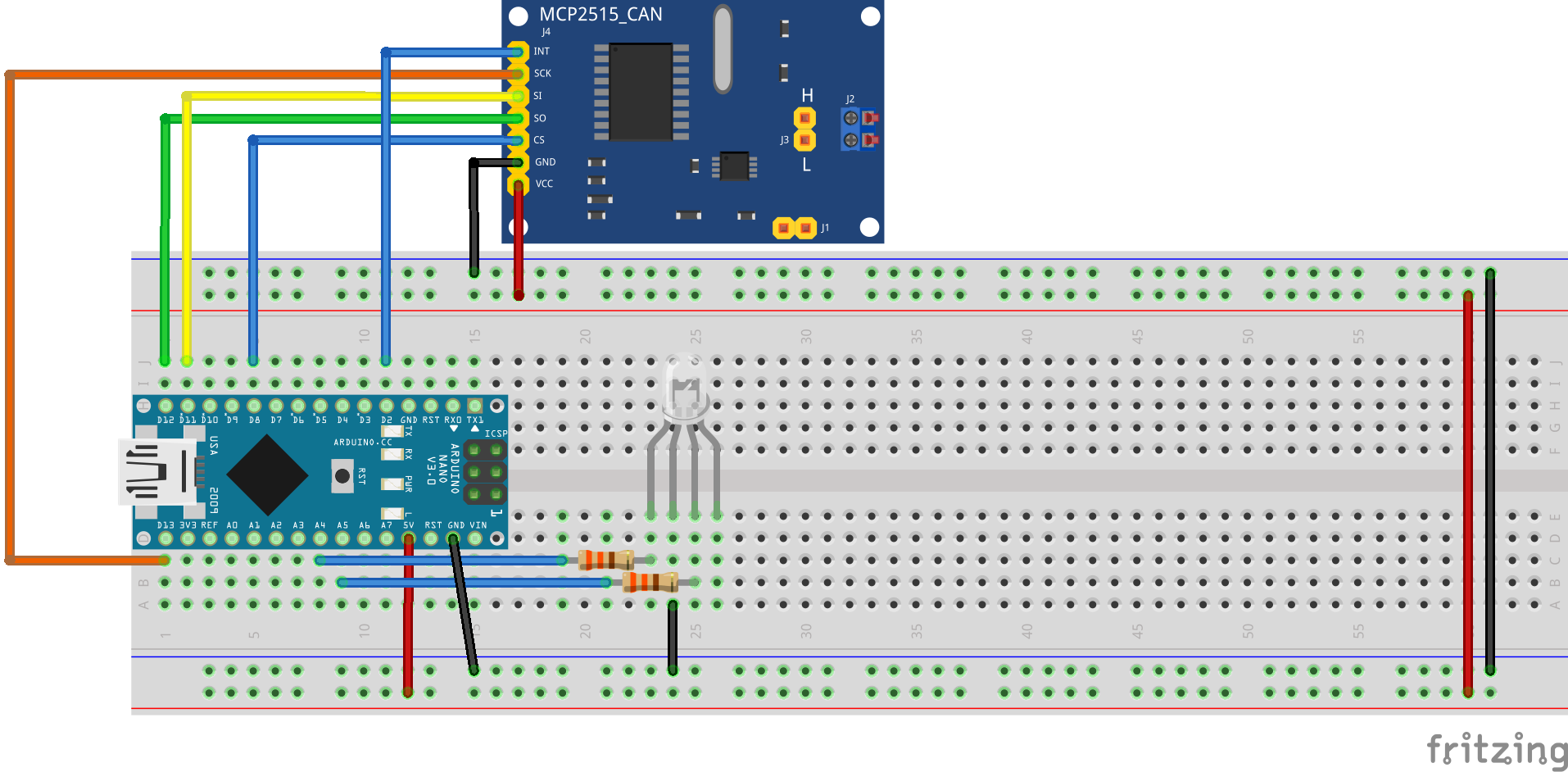 Breadboard with Arduino Nano and CAN module